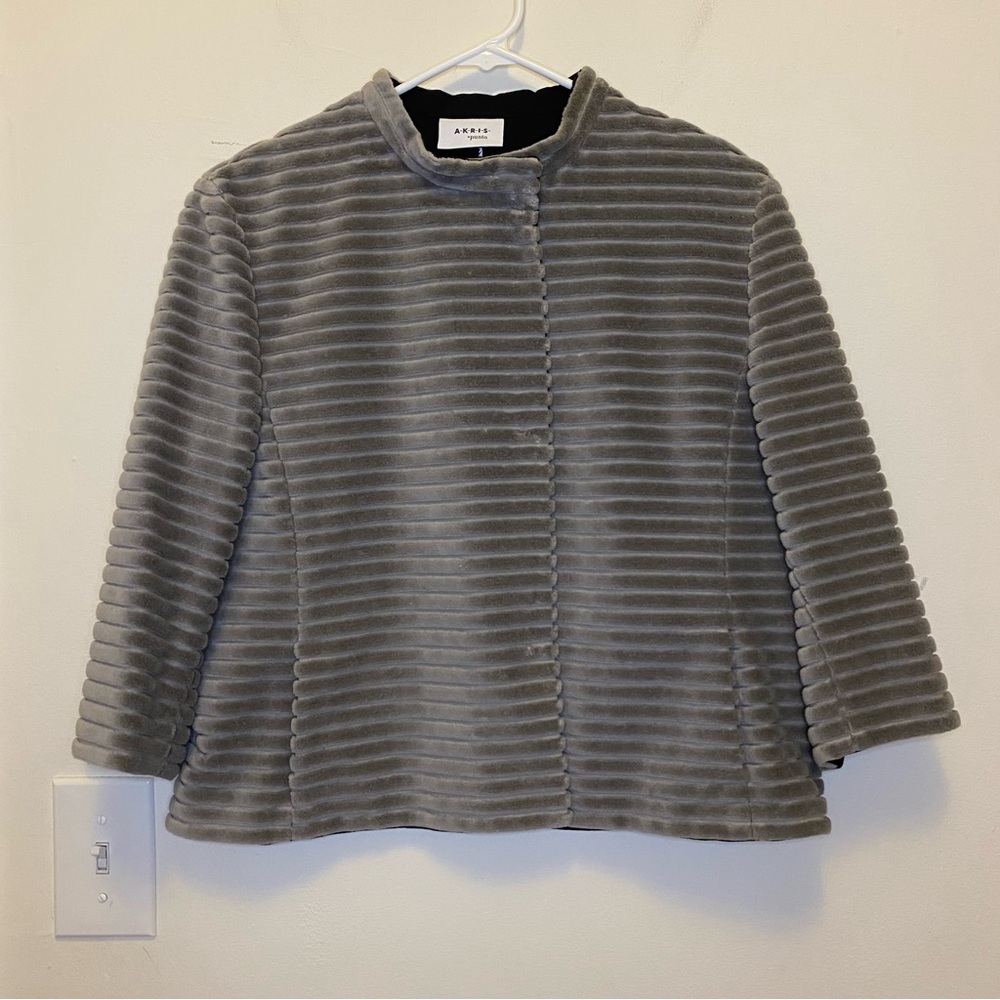AKRIS Punto NEW Velvet Textured Faux Fur 3/4 Sleeve Jacket Stone Gray Sz 10